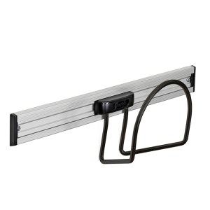 Toolflex hose holder attached to an aluminum rail, showcasing a flexible and modular system for organizing hoses in a garage or workspace, featuring a black hose holder and silver rail.